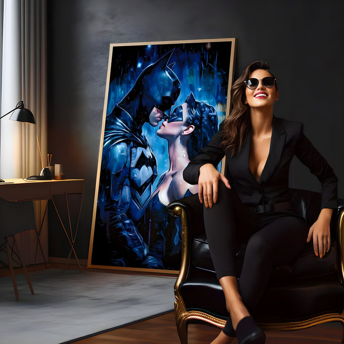 Batman e Mulher-Gato se beijando sob a chuva em pintura azul e preta, quadro decorativo