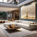 Quadro Decorativo Elegância da Vida Dourada | quadros decorativos para sala | Árvore com tronco dourado retorcido e flores brancas abundantes em composição refinada | em Quadros para Sala | Porao dos Quadros