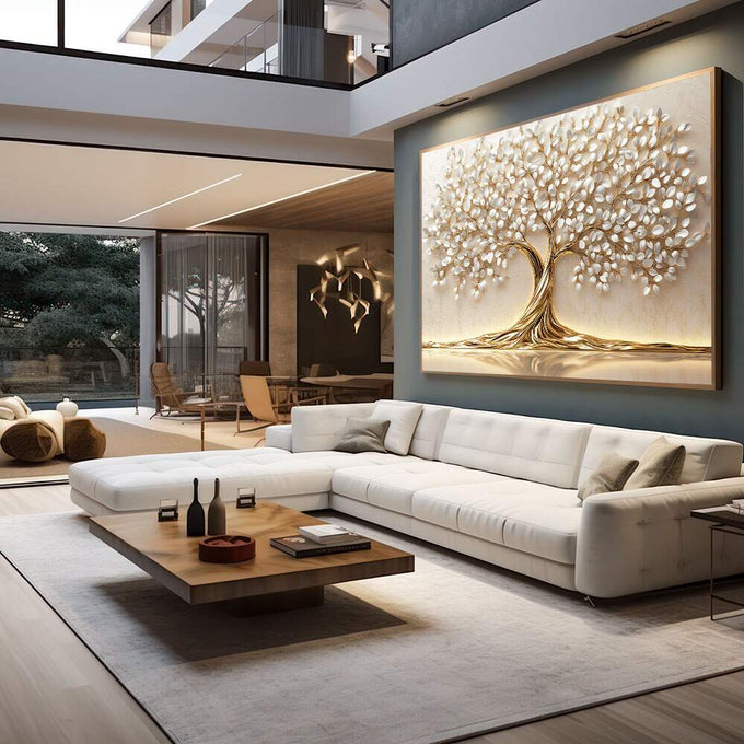 Quadro Decorativo Elegância da Vida Dourada | quadros decorativos para sala | Árvore com tronco dourado retorcido e flores brancas abundantes em composição refinada | em Quadros para Sala | Porao dos Quadros