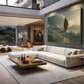 Quadro Decorativo: Caminho Sobre as Águas | quadros decorativos para sala | Figura solitária em tempestade de nuvens douradas e cinza com luz celestial envolvente | em Quadros para Sala | Porao dos Quadros
