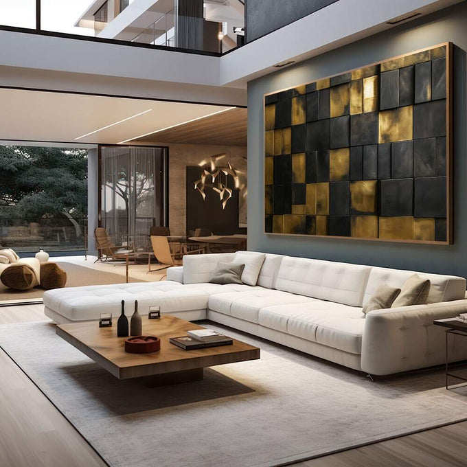 Quadro Decorativo Minimalista Preto e Dourado | quadros decorativos para sala | Painel geométrico com quadrados alternados em dourado e preto com efeitos de luz e reflexo. | em Quadros para Sala | Porao dos Quadros