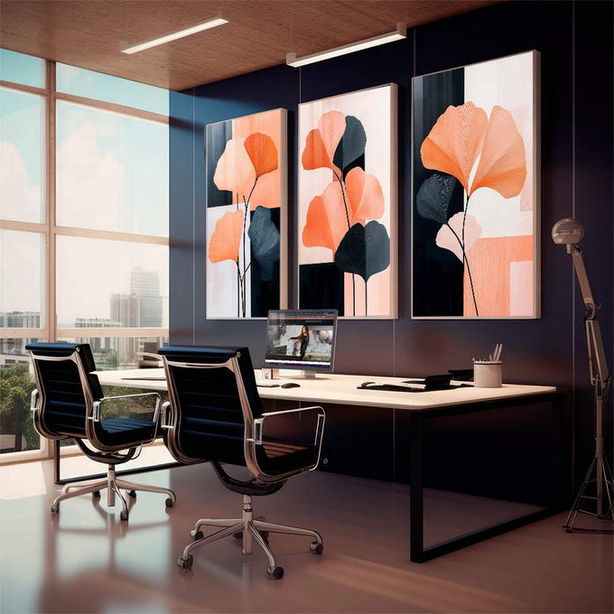 Quadro Decorativo Vibrante Trio de Flores Abstratas | quadros decorativos para sala | Três telas com flores abstratas em laranja e azul sobre blocos geométricos em composição minimalista | em Quadros para Sala | Porao dos Quadros