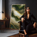Quadro Decorativo Serenidade Natural | quadros decorativos para sala | Abstrato com fluxos verdes e brancos, veios dourados, texturas fluidas e composição orgânica vertical. | em Quadros para Sala | Porao dos Quadros