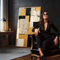 Quadro Decorativo Minimalista Dourado e Preto | quadros decorativos para sala | Composição geométrica com blocos fragmentados em dourado, preto e bege com moldura dourada | em Quadros para Sala | Porao dos Quadros