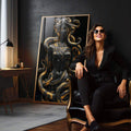 Quadro Decorativo Medusa A Perversidade e Magnitude da Beleza | quadros decorativos para sala | Medusa em ouro e preto com serpentes envolventes em composição clássica reimaginada. | em Quadros para Sala | Porao dos Quadros