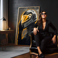 Quadro Decorativo Movimento Transcendente | quadros decorativos para sala | Piloto em silhueta com capacete brilhando em neon dourado contra fundo preto | em Quadros para Sala | Porao dos Quadros