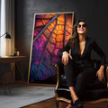 Quadro Decorativo Folha Vibrante | quadros decorativos para sala | Folha com veios em tons roxo, laranja e dourado com iluminação vibrante em macro fotografia | em Quadros para Sala | Porao dos Quadros
