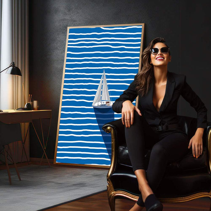 Quadro Decorativo Vela ao Vento | quadros decorativos para sala | Veleiro branco navegando em mar de listras azuis e brancas abstratas | em Quadros para Sala | Porao dos Quadros
