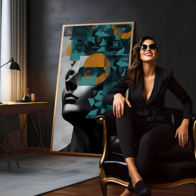 Rosto de mulher em preto e branco com colagem geométrica azul e círculos laranja, quadro decorativo