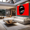 Quadro Decorativo Boca Glamourosa | quadros decorativos para sala | Boca aberta com lábios pretos e dentes brancos sobre fundo vermelho vibrante em pop art. | em Quadros para Sala | Porao dos Quadros