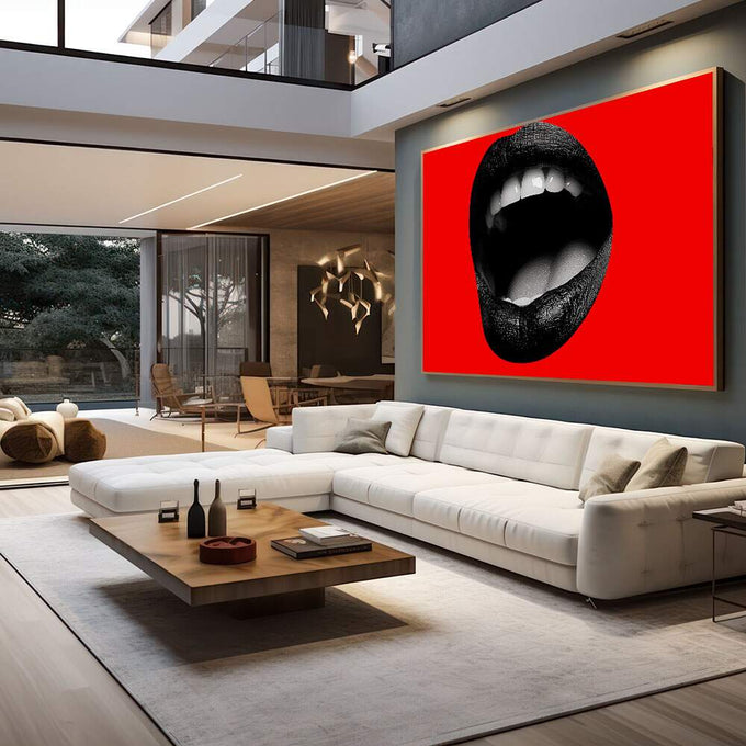 Quadro Decorativo Boca Glamourosa | quadros decorativos para sala | Boca aberta com lábios pretos e dentes brancos sobre fundo vermelho vibrante em pop art. | em Quadros para Sala | Porao dos Quadros