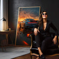 Quadro Decorativo Porsche ao Pôr do Sol | quadros decorativos para sala | Porsche azul ao pôr do sol em praia com reflexo dourado na areia molhada | em Quadros para Sala | Porao dos Quadros