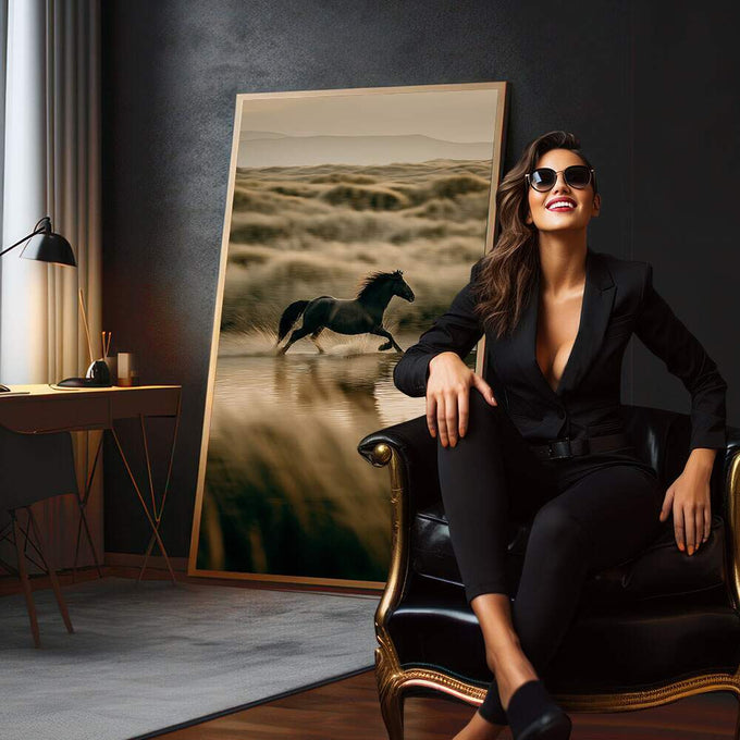 Quadro Decorativo Cavalo em Movimento | quadros decorativos para sala | Cavalo preto galopando na água com paisagem árida ao fundo | em Quadros para Sala | Porao dos Quadros