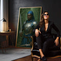 Quadro Decorativo Orixá Ogum: Poder e Proteção | quadros decorativos para sala | Guerreiro em armadura azul brilhante com turbante azul segurando espada em floresta verde. | em Quadros para Sala | Porao dos Quadros