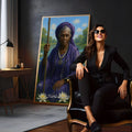 Nanã Buruquê idosa em manto roxo com cajado e colar de contas diante de lago com lótus, quadro decorativo