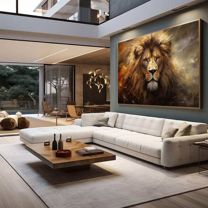 Quadro Decorativo Leão Majestoso | quadros decorativos para sala | Leão majestoso com crina dourada e ocre em composição realista dramatizada | em Quadros para Sala | Porao dos Quadros