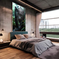 Quadro Decorativo Jagua ? A Elegância da Natureza em Sua Parede | quadros decorativos para sala | Pantera preta com olhos turquesa vibrantes em floresta verde e úmida, composição realista | em Quadros para Sala | Porao dos Quadros