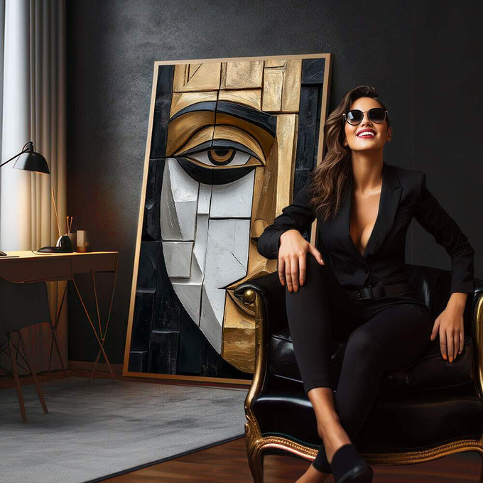 Quadro Decorativo Abstrato da Alma Feminina | quadros decorativos para sala | Rosto geométrico fragmentado em dourado, branco e preto em composição minimalista e sofisticada | em Quadros para Sala | Porao dos Quadros