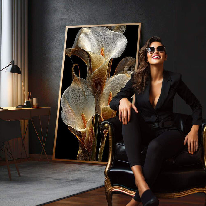 Quadro Decorativo Elegância das Flores | quadros decorativos para sala | Flores brancas com padrão rendilhado e detalhes dourados em fundo preto profundo | em Quadros para Sala | Porao dos Quadros