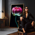 Quadro Decorativo Lótus Rosa Serenidade | quadros decorativos para sala | Flor de lótus rosa com pétalas em degradê ciano brilhante contra fundo preto absoluto | em Quadros para Sala | Porao dos Quadros