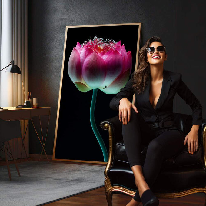 Quadro Decorativo Lótus Rosa Serenidade | quadros decorativos para sala | Flor de lótus rosa com pétalas em degradê ciano brilhante contra fundo preto absoluto | em Quadros para Sala | Porao dos Quadros