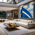 Proa de barco de madeira azul com faixa branca e corrente contra céu azul com nuvens, quadro decorativo