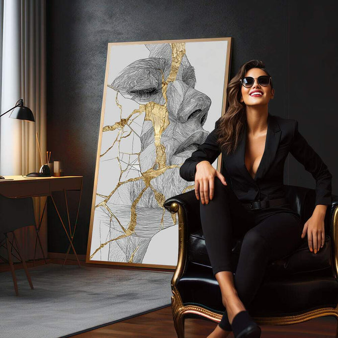 Quadro Decorativo Elegância Abstrata | quadros decorativos para sala | Figura geométrica com linhas pretas e traços dourados em composição tridimensional minimalista | em Quadros para Sala | Porao dos Quadros