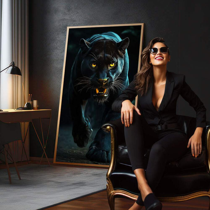 Quadro Decorativo Pantera Imponente | quadros decorativos para sala | Pantera negra em movimento frontal com olhos dourados vibrantes e iluminação azulada dramática. | em Quadros para Sala | Porao dos Quadros