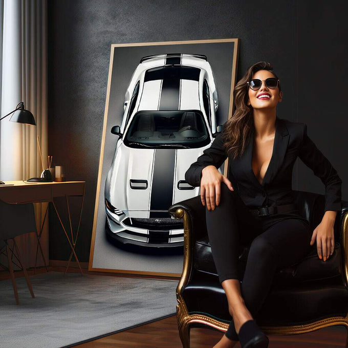 Quadro Decorativo Carro Esportivo em Movimento | quadros decorativos para sala | Mustang branco com faixas pretas em visão superior com contraste marcante | em Quadros para Sala | Porao dos Quadros