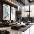 Quadro Decorativo Abstração Mármore e Cores Vibrantes | quadros decorativos para sala | Duas telas abstratas em cinza, branco e dourado com linhas sinuosas e composição minimalista sofisticada | em Quadros para Sala | Porao dos Quadros