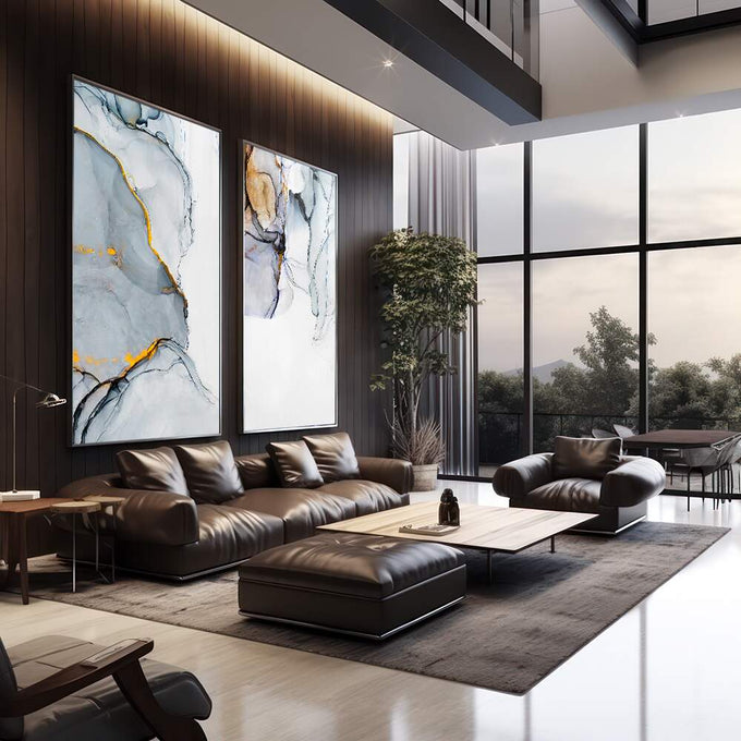 Quadro Decorativo Abstração Mármore e Cores Vibrantes | quadros decorativos para sala | Duas telas abstratas em cinza, branco e dourado com linhas sinuosas e composição minimalista sofisticada | em Quadros para Sala | Porao dos Quadros