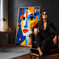 Quadro Decorativo Essência Feminina Moderna | quadros decorativos para sala | Rosto cubista em azul, laranja e amarelo com formas geométricas abstratas vibrantes | em Quadros para Sala | Porao dos Quadros