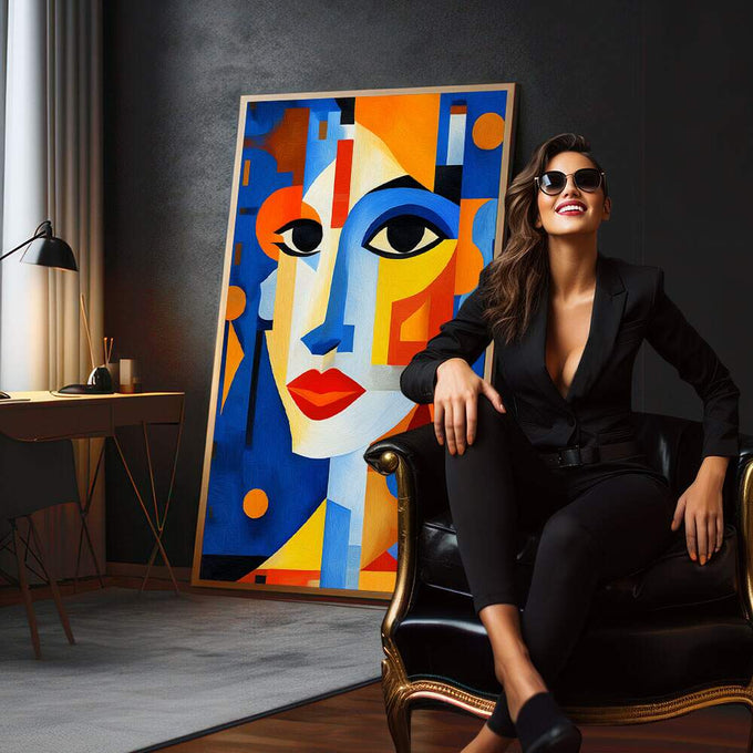 Quadro Decorativo Essência Feminina Moderna | quadros decorativos para sala | Rosto cubista em azul, laranja e amarelo com formas geométricas abstratas vibrantes | em Quadros para Sala | Porao dos Quadros