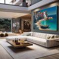Quadro Decorativo Serenidade na Costa Mar | quadros decorativos para sala | Vila costeira com barcos em turquesa e dourado, casarões coloridos à beira-mar sob luz natural | em Quadros para Sala | Porao dos Quadros