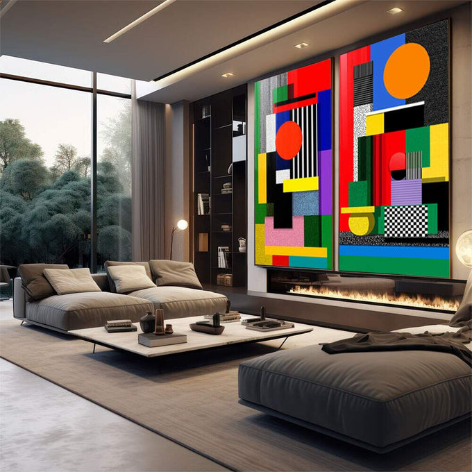 Quadro Decorativo Abstrato Geométrico Vibrante | quadros decorativos para sala | Composição abstrata geométrica com cores vibrantes, círculos, linhas e padrões em paleta pop art | em Quadros para Sala | Porao dos Quadros