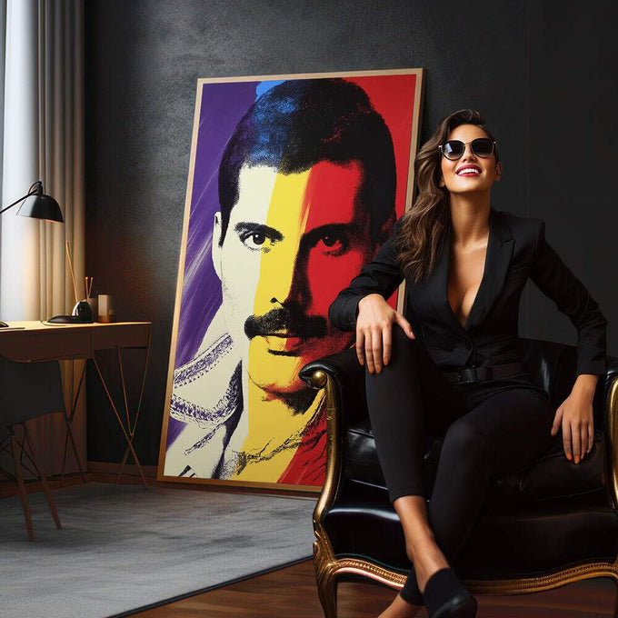 Quadro Decorativo - Retrato Musical Pop Arte | quadros decorativos para sala | Retrato fragmentado em cores vibrantes com pop art vermelho, amarelo, roxo e branco em composição geométrica. | em Quadros para Sala | Porao dos Quadros