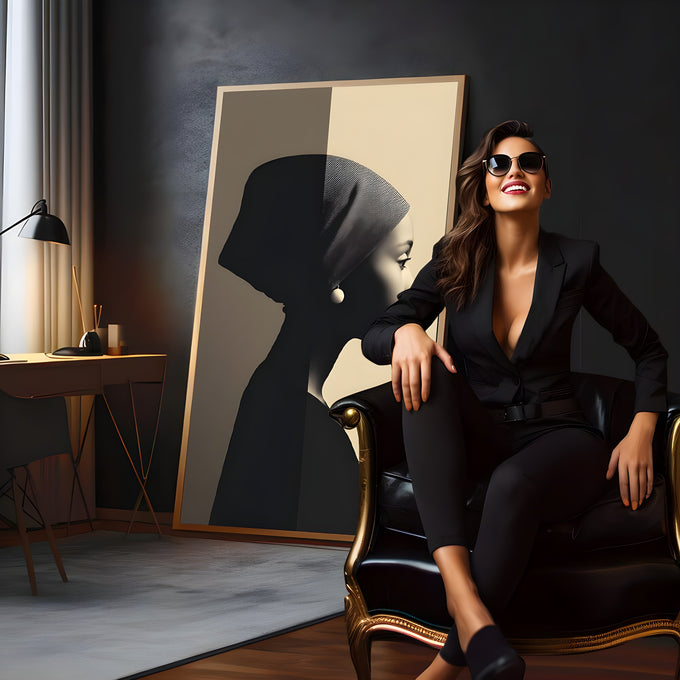Mulher negra de perfil com turbante e brinco de pérola sobre fundo bege e cinza, quadro decorativo