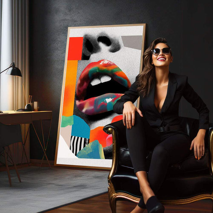 Quadro Decorativo Lábios Vibrantes | quadros decorativos para sala | Boca aberta colorida em vermelho, azul e laranja com formas geométricas em composição pop art fotográfica. | em Quadros para Sala | Porao dos Quadros