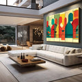 Quadro Decorativo Abstrato Vibrante Energia das Conexões | quadros decorativos para sala | Composição abstrata com figuras geométricas em vermelho, verde, amarelo e azul-petróleo sobre fundo pastel. | em Quadros para Sala | Porao dos Quadros