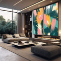 Quadro Decorativo Pincelada - Harmonia de Cores em Verde, Rosa e Amarelo | quadros decorativos para sala | Dois quadros abstratos com pinceladas geométricas em verde, rosa, amarelo e branco em composição dinâmica | em Quadros para Sala | Porao dos Quadros