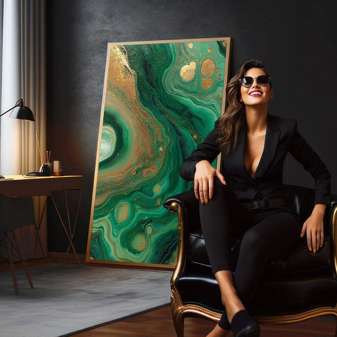 Quadro Decorativo Fluidez Verde Luxo | quadros decorativos para sala | Abstrato em verde profundo e dourado com fluidos orgânicos e círculos flutuantes | em Quadros para Sala | Porao dos Quadros