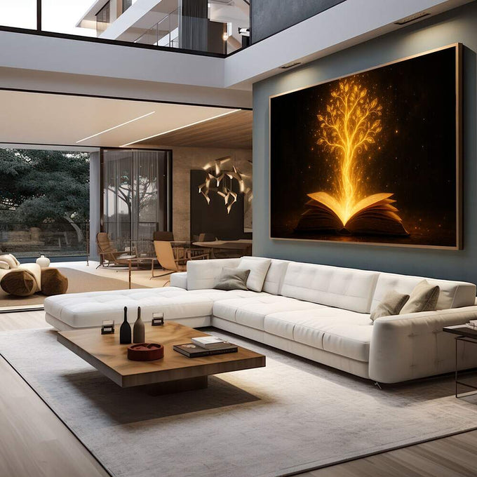 Quadro Decorativo da Luz do Conhecimento | quadros decorativos para sala | Livro aberto com árvore dourada luminosa emergindo sobre fundo preto brilhante | em Quadros para Sala | Porao dos Quadros