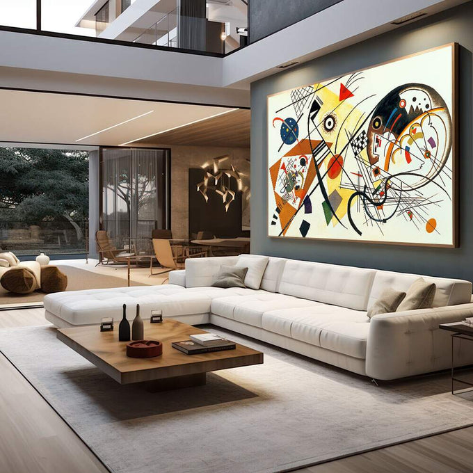 Quadro Decorativo - Energia Minimalista Vibrante | quadros decorativos para sala | Composição geométrica abstrata com círculos, triângulos e linhas em amarelo, laranja e preto | em Quadros para Sala | Porao dos Quadros