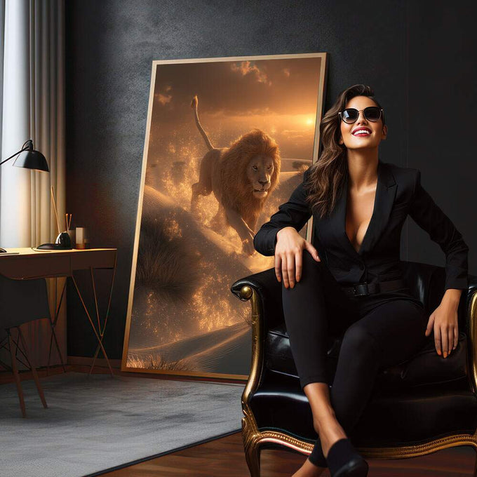 Quadro Decorativo Leão Majestoso e Poderoso | quadros decorativos para sala | Leão majestoso em tons dourados e marrom envolvido em luz mágica ao amanhecer | em Quadros para Sala | Porao dos Quadros