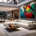 Quadro Decorativo Canoa Vermelha em Movimento | quadros decorativos para sala | Gôndola vermelha com vela geométrica em azul, amarelo e vermelho, composição artística contemporânea. | em Quadros para Sala | Porao dos Quadros