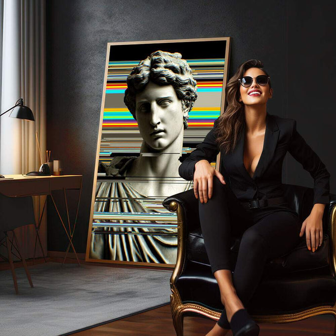 Quadro Decorativo Escultura Moderna | quadros decorativos para sala | Busto clássico branco com efeito glitch digital em linhas coloridas turquesa, laranja e amarelo. | em Quadros para Sala | Porao dos Quadros