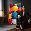 Quadro Decorativo Alegria Colorida | quadros decorativos para sala | Guarda-chuvas coloridos em composição geométrica simétrica com vermelho, azul, amarelo e neutros. | em Quadros para Sala | Porao dos Quadros