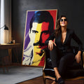 Retrato pop art de homem de bigode em faixas roxa, amarela e vermelha, quadro decorativo