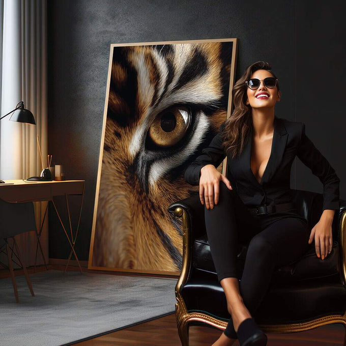 Quadro Decorativo Olhar de Tigre | quadros decorativos para sala | Tigre com olho âmbar intenso em realismo expressivo com listras laranja, branco e marrom. | em Quadros para Sala | Porao dos Quadros
