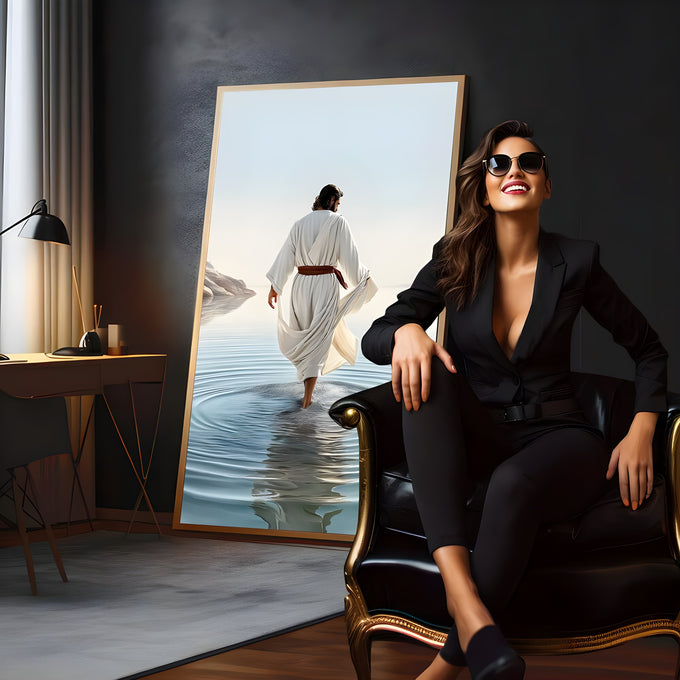 Jesus de túnica branca caminhando de costas sobre o mar calmo azul, quadro decorativo